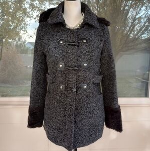 BKE Outwear The Buckle Black Gray Faux Fur Marled Peacoat Style Jacket Size S